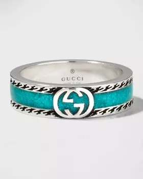 Мужское кольцо с переплетением G из серебра и эмали Gucci, цвет Green
