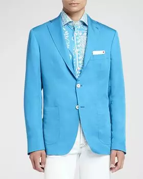 Мужское однотонное спортивное пальто из смеси лиоцелла Kiton, цвет Aqua