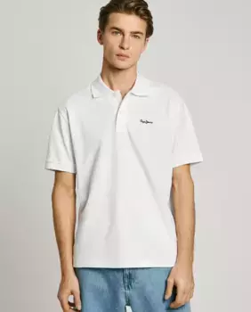 Мужское поло из пике с короткими рукавами и вышитым логотипом Pepe Jeans, белый