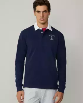 Мужское регбийное поло с длинными рукавами и принтом на спине Hackett, тёмно-синий