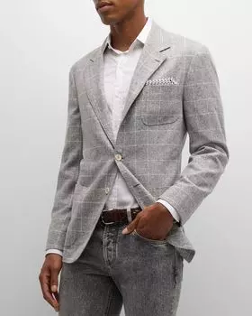 Мужское шерстяное спортивное пальто в клетку с принтом Brunello Cucinelli, цвет Pearl Grey