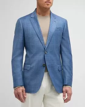 Мужское шерстяное спортивное пальто в клетку Emporio Armani, цвет Medium Blue
