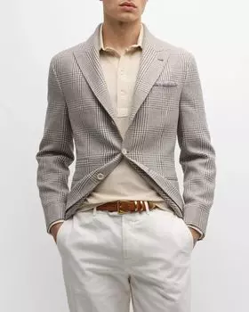 Мужское спортивное пальто Glen в клетку с пиковыми лацканами Brunello Cucinelli, цвет Brown/Grey