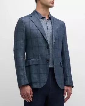 Мужское спортивное пальто из кашемира и льна с оконным стеклом ZEGNA, цвет Medium Blue Check