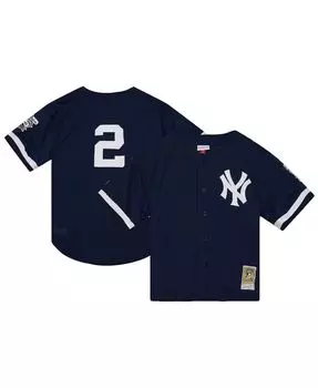 Мужское темно-синее джерси на пуговицах с сетчатым ватиновым принтом New York Yankees Cooperstown Collection Derek Jeter New York Yankees Cooperstown Collection Mitchell & Ness