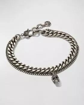 Мужской браслет на двойной цепочке с кристаллами Swarovski и черепом Alexander McQueen, цвет Silver Greige
