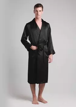 Мужской длинный шелковый халат с воротником с лацканами 22 Момми LILYSILK, черный