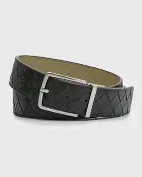 Мужской двусторонний кожаный ремень Intrecciato Bottega Veneta, цвет Loden