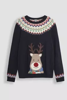 Мужской джемпер с узором «фэр айл» с изображением оленей Jojo Maman Bb, синий