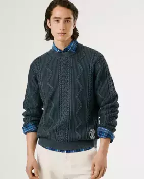 Мужской джемпер с вязаным узором и круглым вырезом Pepe Jeans, темно-синий