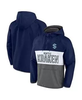 Мужской фирменный темно-синий и серый анорак с капюшоном Seattle Kraken Backhand Shooter Defender, толстовка с капюшоном и реглан, куртка с молнией на четверть Fanatics, синий