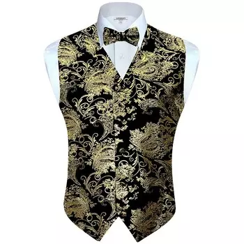 Мужской формальный жилет Gioberti из 4 предметов с узором пейсли, галстук-бабочка и нагрудный платок, цвет Metallic Black Gold