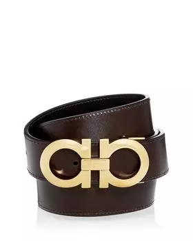 Мужской гладкий двусторонний ремень Salvatore с двойной блестящей золотистой пряжкой Gancini Ferragamo, цвет Black