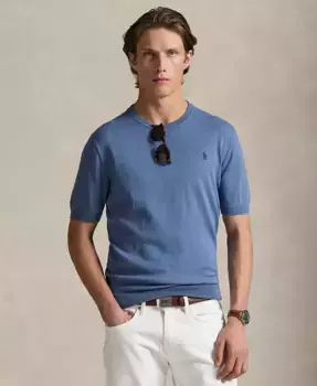 Мужской хлопковый джемпер с круглым вырезом и короткими рукавами Polo Ralph Lauren, синий