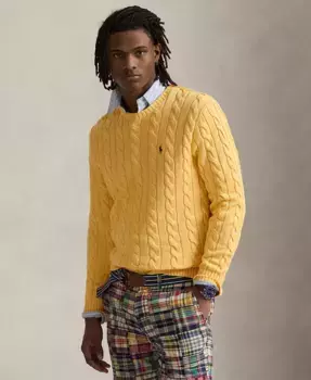 Мужской хлопковый свитер с косой вязкой Polo Ralph Lauren, желтый