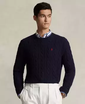 Мужской хлопковый свитер с косой вязкой Polo Ralph Lauren, синий