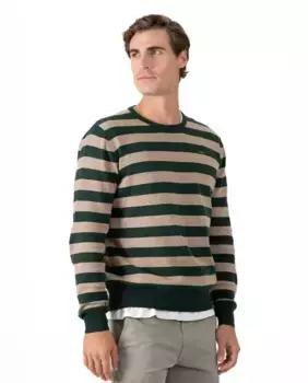 Мужской хлопковый свитер с полосатым круглым вырезом Makarthy, темно-зеленый