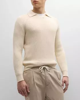 Мужской хлопковый свитер в рубчик с воротником Johnny Brunello Cucinelli, цвет Off White