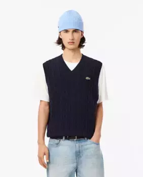 Мужской кардный шерстяной жилет с рисунком в виде кабеля синего цвета Lacoste, тёмно-синий