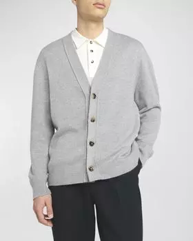 Мужской кашемировый кардиган с кожаными нашивками интреччато Bottega Veneta, цвет Lt.Grey