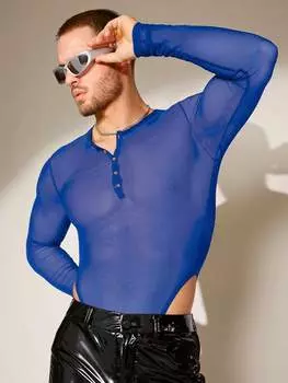 Мужской комбинезон FeverCity, весна, прозрачный, сетка, длинный рукав, цвет синий