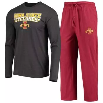 Мужской комплект для сна с длинными рукавами и брюками Concepts Sport Cardinal/Heared Charcoal Iowa State Cyclones Meter