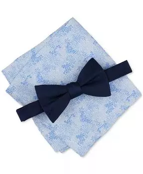 Мужской комплект из однотонного темно-рыжего галстука-бабочки и нагрудного платка с цветочным принтом Bar III, синий