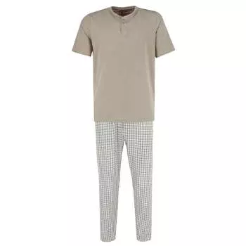 Мужской комплект из пижамы с коротким рукавом и клетчатыми брюками Ten West Apparel, бежевый/черный