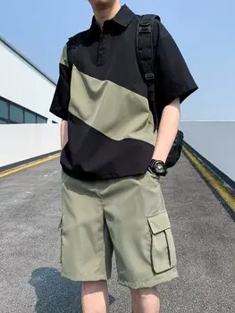 Мужской комплект из рубашки цветных блоков и однотонных шорт-карго Hypemode Manfinity, мультиколор