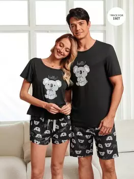 Мужской комплект Shein Couped Up с рисунком коалы и буквами, повседневная домашняя одежда Shein, черный