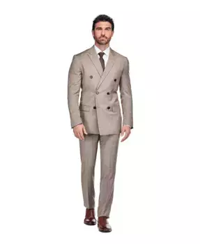 Мужской коричневый клетчатый двубортный костюм 2 предмета Slim Fit Gino Vitale
