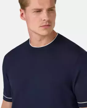 Мужской короткий рукав джемпер из хлопкового крепа Boggi Milano, темно-синий