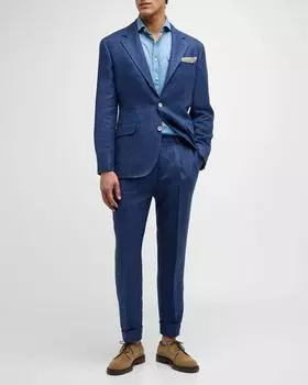 Мужской костюм из льна, шерсти и шелка Brunello Cucinelli, цвет Indigo