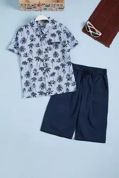 Мужской костюм-рубашка и шорты с принтом синей пальмы 15645 Damla Bebe