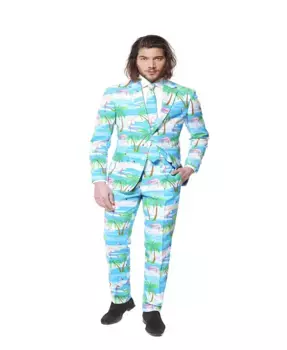 Мужской костюм с принтом фламинго - Slim Fit - В комплекте: пиджак, брюки и галстук - Тропический костюм для вечеринки OppoSuits, мультиколор