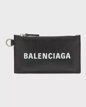 Мужской кожаный футляр для карт с логотипом и кольцом для ключей Balenciaga, цвет 1090 Black/L White