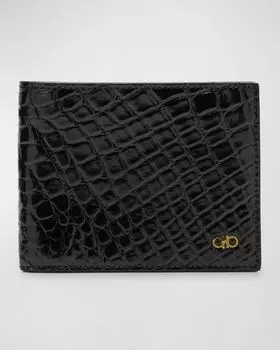 Мужской кожаный кошелек Micro-Gancio с тиснением под кожу крокодила Ferragamo, цвет Nero