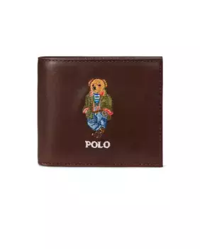 Мужской кожаный кошелек с вышитым Polo Bear Polo Ralph Lauren, темно-коричневый