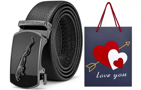 Мужской кожаный ремень JAGUAR, Черный + подарочная коробка премиум-класса