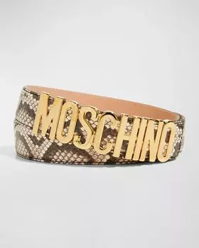 Мужской кожаный ремень с логотипом и принтом питона Moschino, цвет Beige