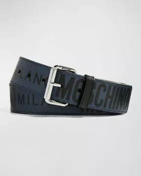 Мужской кожаный ремень с логотипом по всей длине Moschino, цвет Blue Multi