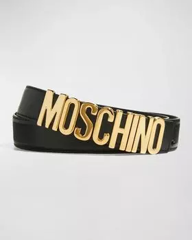 Мужской кожаный ремень с пряжкой и логотипом Moschino, цвет Black Multi