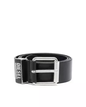 Мужской кожаный ремень с серебряной пряжкой Diesel, черный