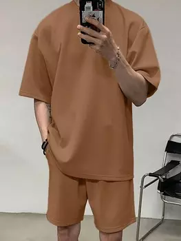Мужской летний однотонный повседневный комплект из футболки и шорт с короткими рукавами Dazy, коричневый