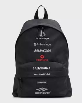 Мужской нейлоновый рюкзак с мультилоготипом Explorer Balenciaga, цвет 1000 Black