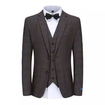 Мужской облегающий костюм в клетку синего цвета из 3 предметов в контрастную клетку Braveman, коричневый