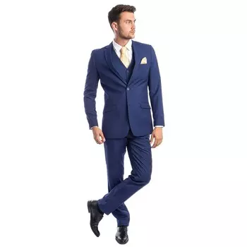 Мужской однотонный костюм из 3 предметов, с зазубренными лацканами Azzuro, синий