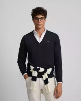 Мужской однотонный ретро-свитер с V-образным вырезом Silbon, тёмно-синий