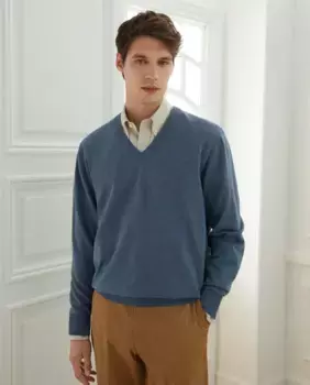 Мужской однотонный свитер из хлопка мериноса с V-образным вырезом Emidio Tucci, индиго/синий
