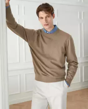 Мужской однотонный свитер из хлопка мериноса с круглым вырезом Emidio Tucci, светло-коричневый